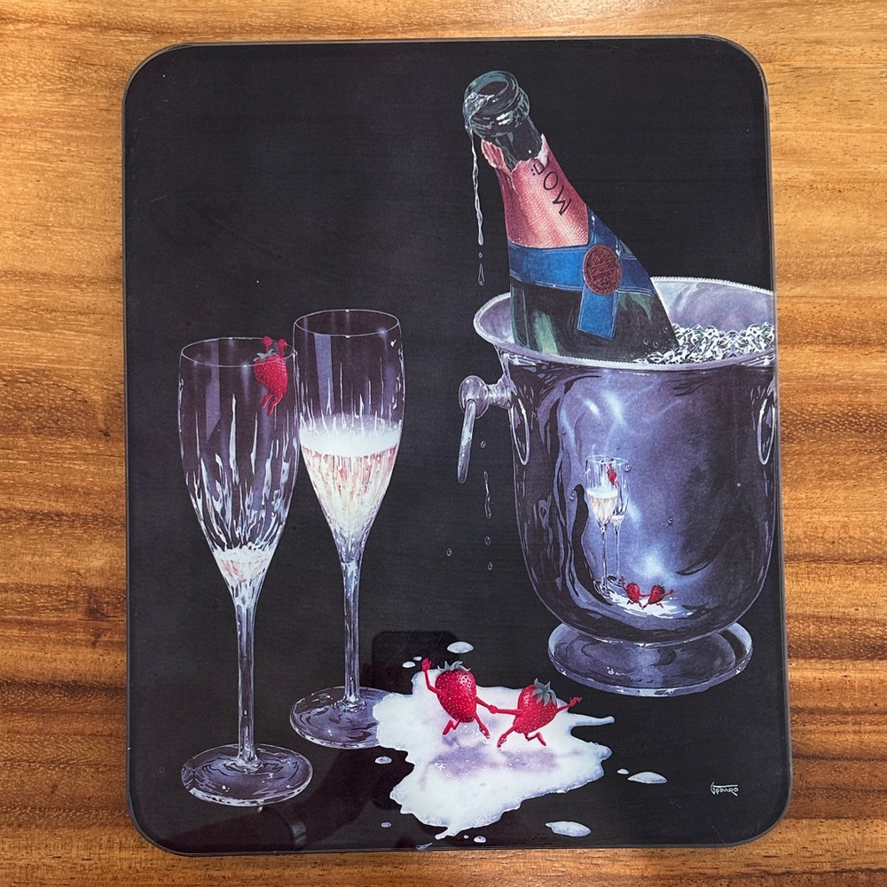 Michael Godard Champagne Dancing Strawberries Glass Cutting Serving Board